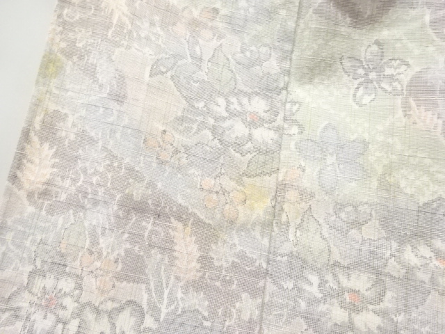  アンティーク　花模様織出し手織り紬単衣着物